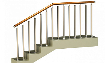Ограждения с двумя стойками в каждую ступень с деревянным поручнем и без ригелей в Челябинске. Готовые проекты ПерилаГлавСнаб