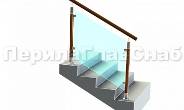 Ограждение с круглым деревянным поручнем с зажимными стеклодержателями и стойками с деревянными вставками купить в Челябинске